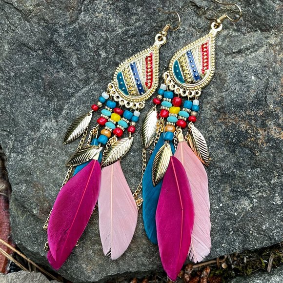 Feather Bohemian Statement Earrings - Picture 3 of 4